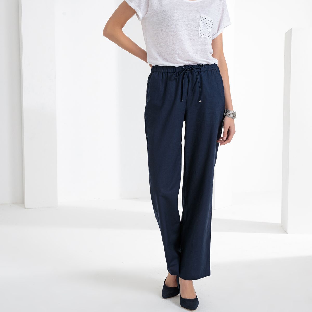 Pantalon large, lin & coton
