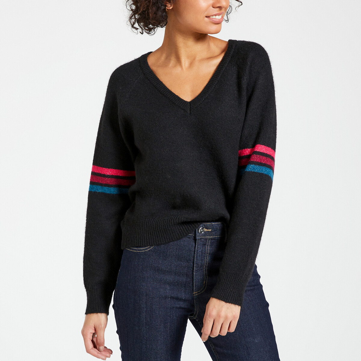 Пуловер из тонкого трикотажа V-образный вырез полоски на рукавах XS черный пуловер из тонкого трикотажа вырез лодочка xl бежевый