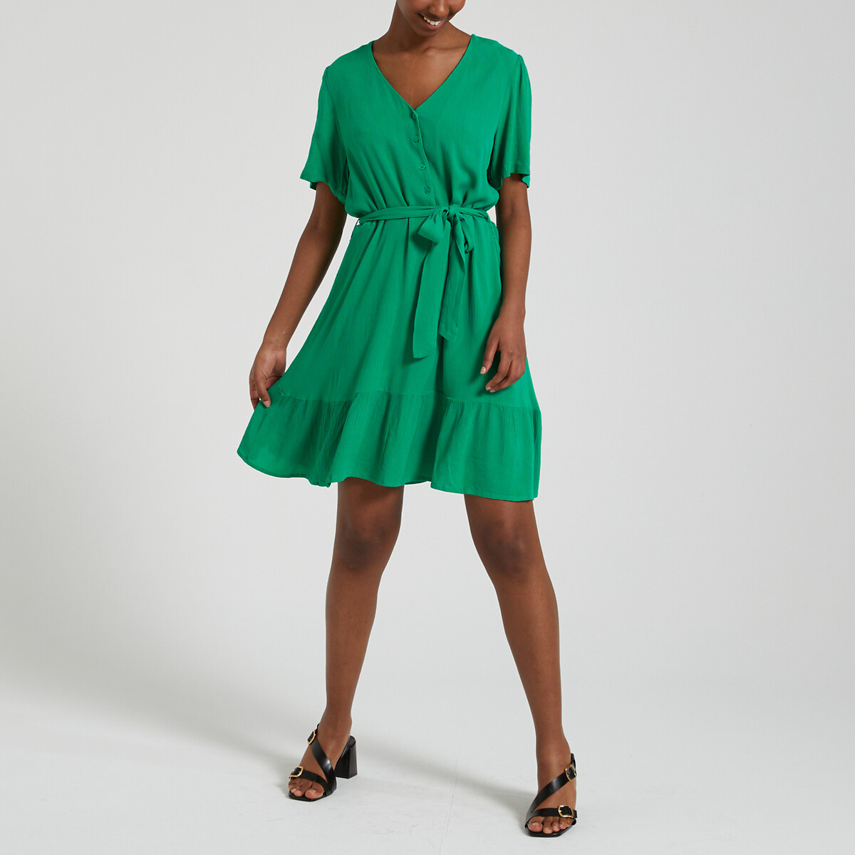 Платье короткое с V-образным вырезом с завязками  XL зеленый LaRedoute, размер XL - фото 2