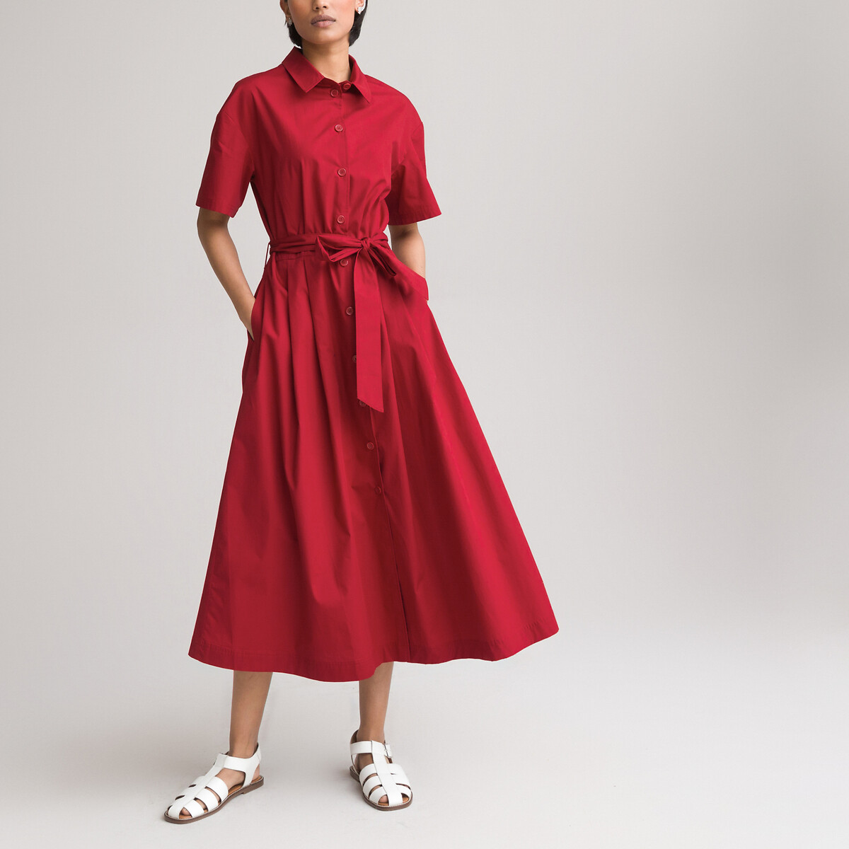 Платье-рубашка LA REDOUTE COLLECTIONS Длинное расклешенное из хлопка 40 красный, размер 40 - фото 1