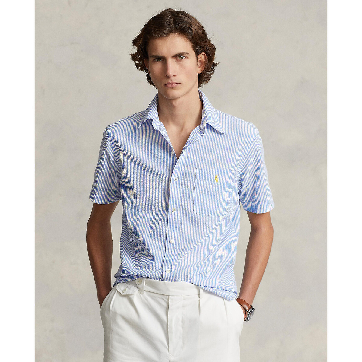 Рубашка из легкой полосатой ткани с вышитым логотипом XXL синий шорты пляжные в полоску из легкой полосатой ткани ted s синий