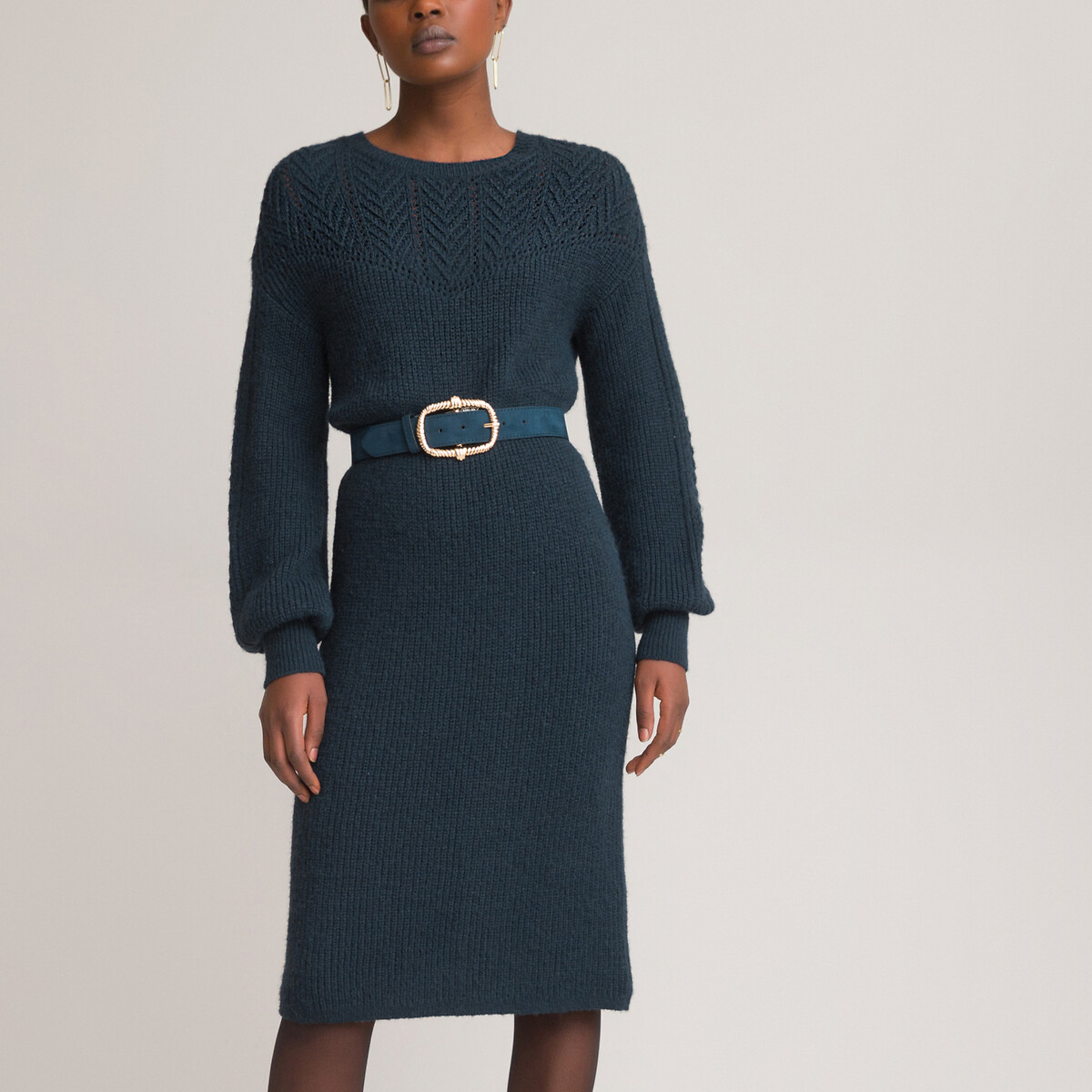 Платье-пуловер LaRedoute Короткое круглый вырез и длинные рукава XL синий, размер XL - фото 3