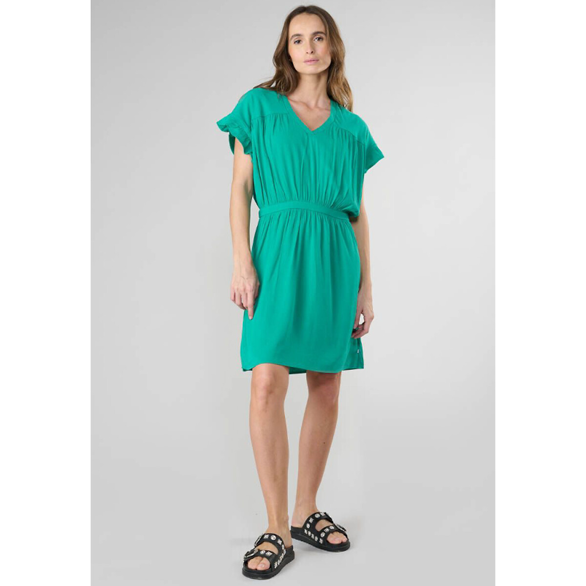 Платье короткое с V-образным вырезом  XS зеленый LaRedoute, размер XS