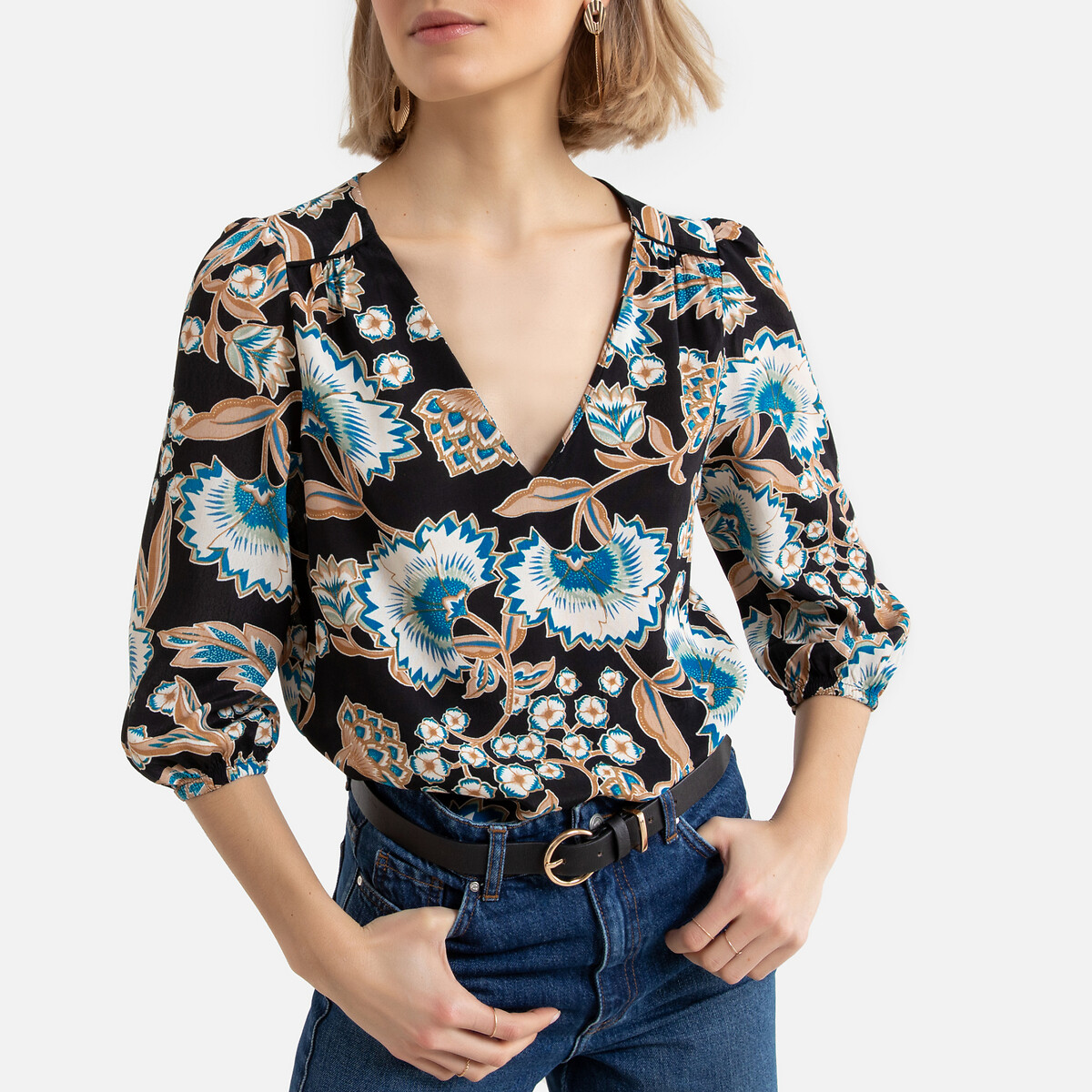 

Блузка VERO MODA, Черный, С рисунком V-образным вырезом и рукавами 34 M черный