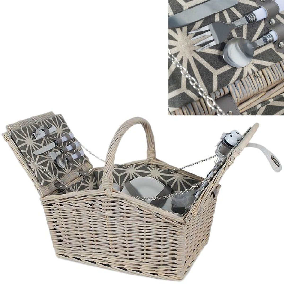 Panier à pique nique en osier avec vaisselle pour 2