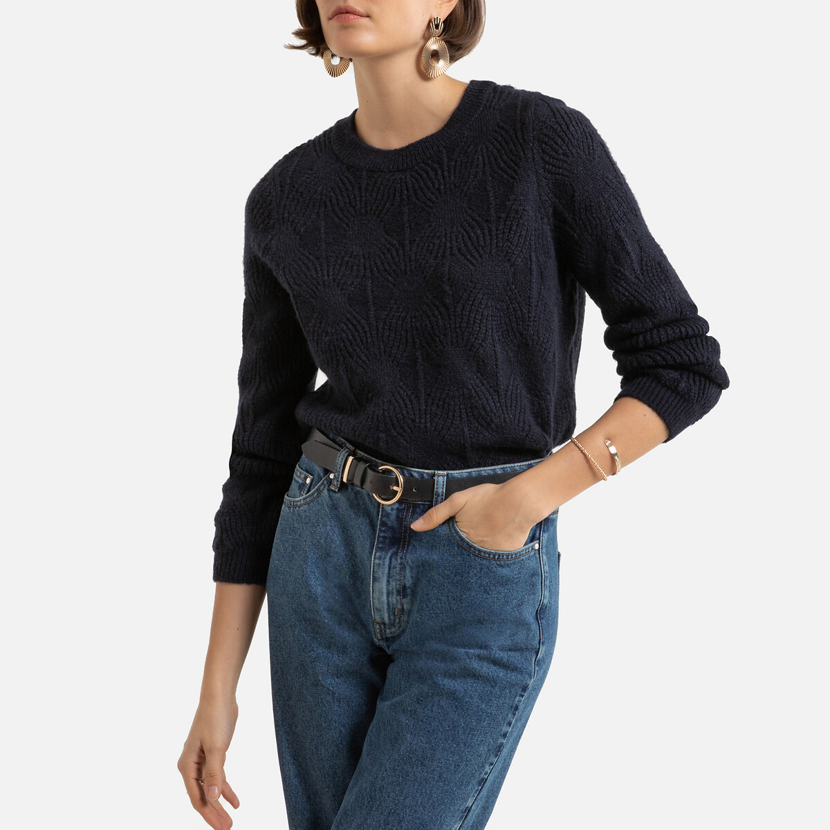 Пуловер LaRedoute С круглым вырезом из ажурного трикотажа L синий, размер L