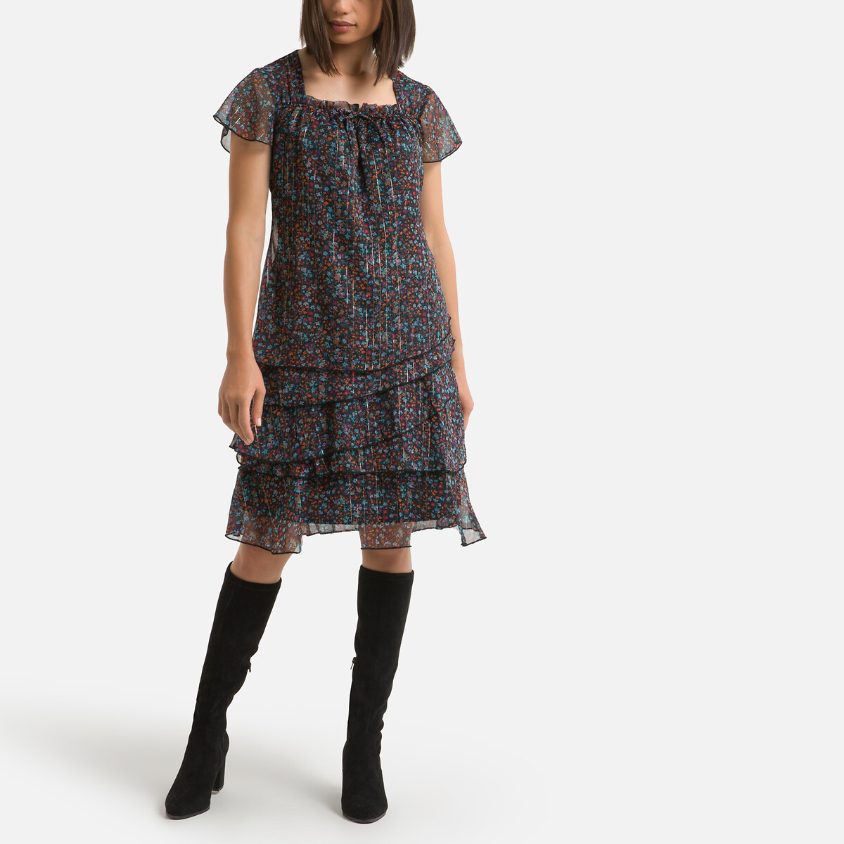 Платье LaRedoute Расклешенное с цветочным принтом миди 56 разноцветный, размер 56 - фото 2