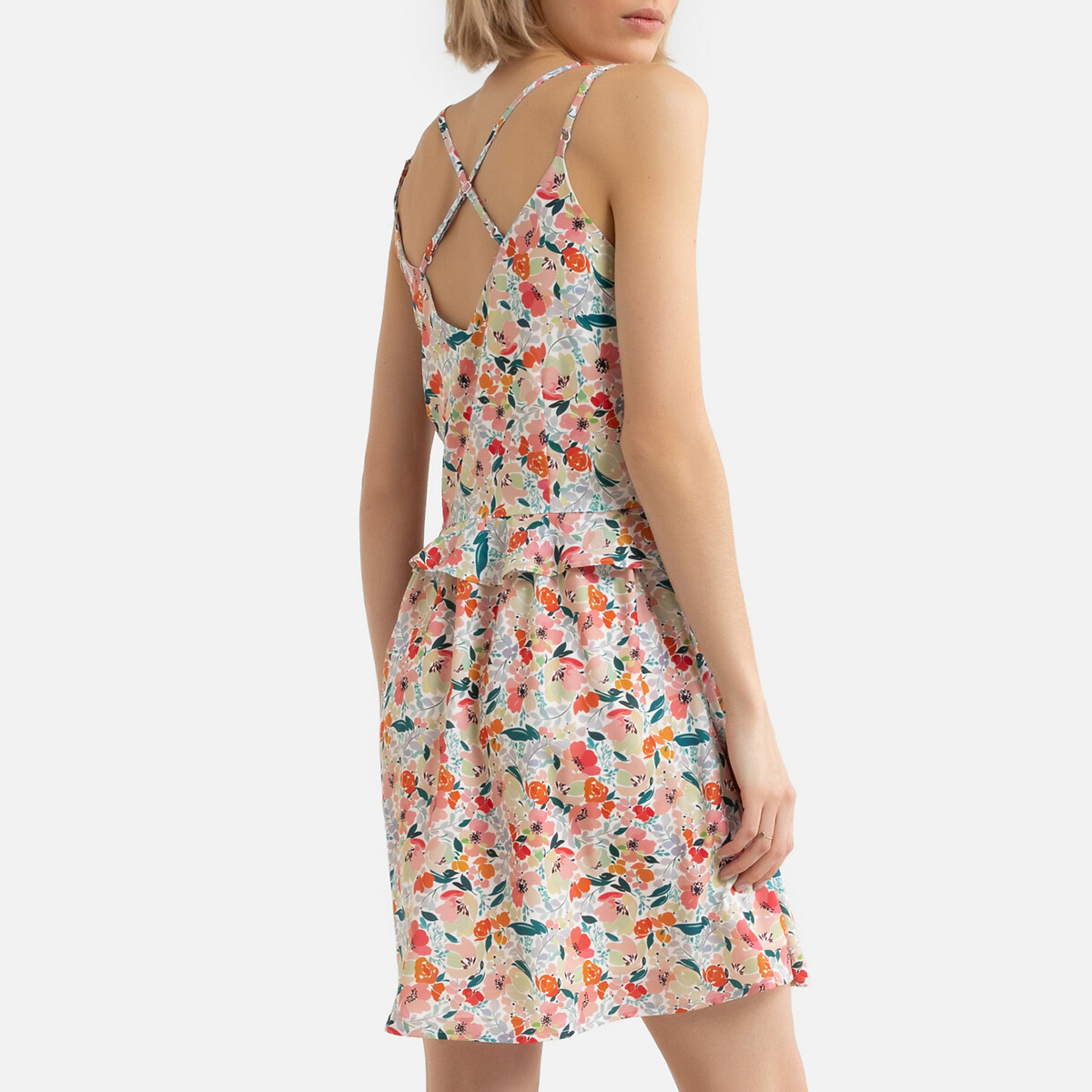 Платье LaRedoute Короткое бретели с цветочным узором перекрещенные сзади XS бежевый, размер XS - фото 4