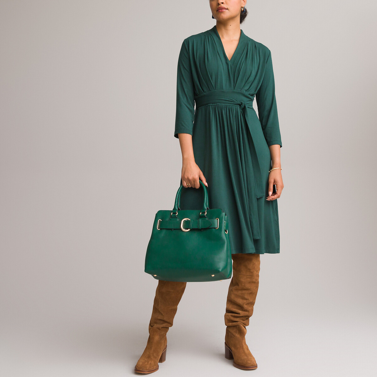 Платье ANNE WEYBURN Платье Расклешенное из струящегося трикотажа с рукавами 34 50 зеленый, размер 50 - фото 1