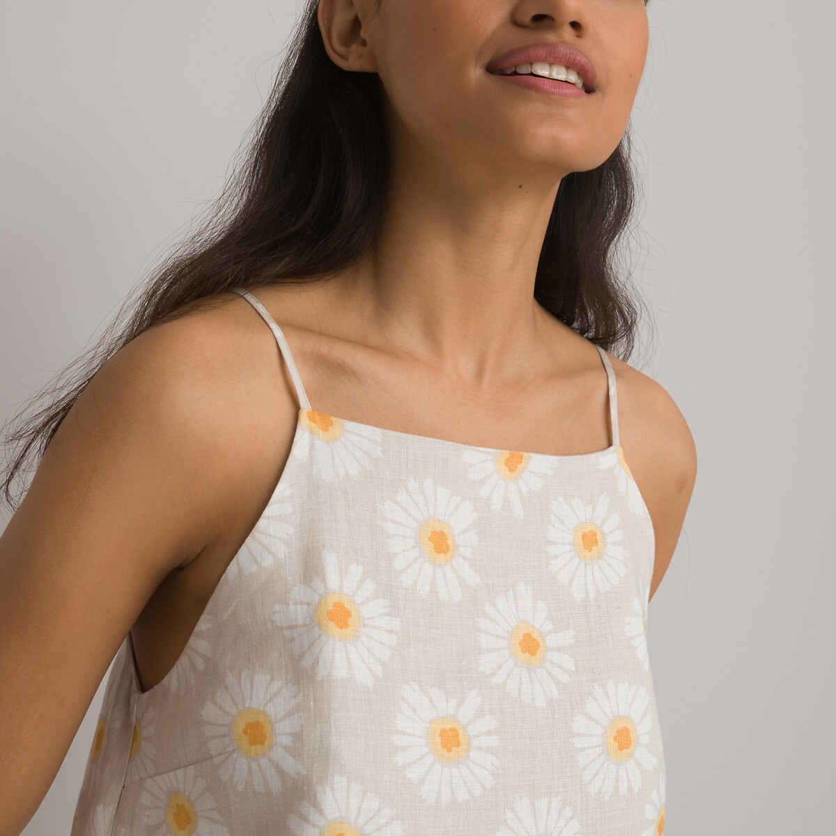Платье Короткое на тонких бретелях из льна с цветочным принтом 50 бежевый LaRedoute, размер 50 - фото 3