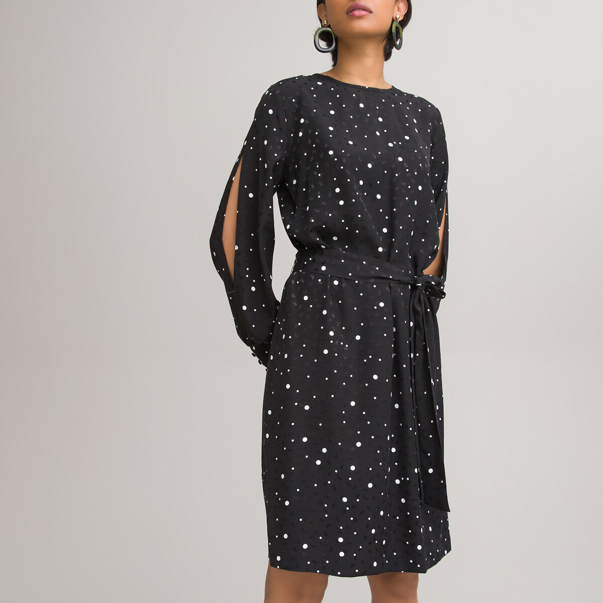 Платье LaRedoute Прямое круглый вырез с длинными рукавами в горошек 42 черный, размер 42 - фото 2