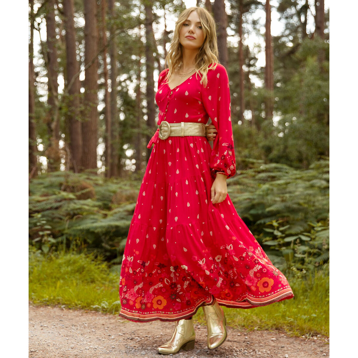 Платье длинное богемное с круглым вырезом  48 красный LaRedoute, размер 48 - фото 4