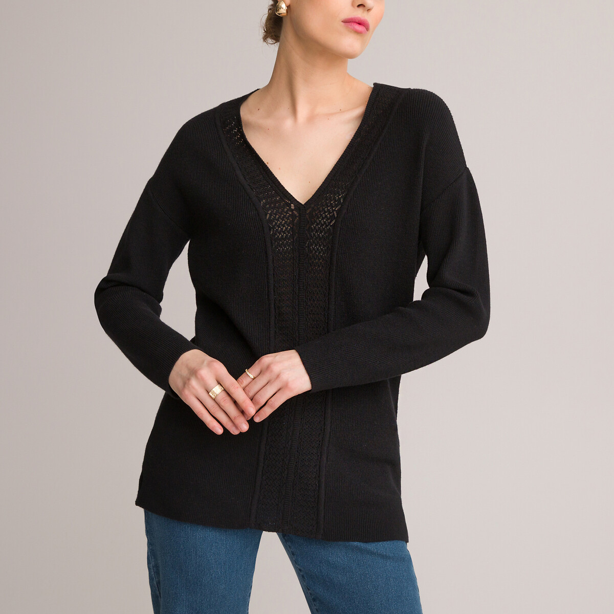 Пуловер-туника С V-образным вырезом из тонкого трикотажа 42/44 (FR) - 48/50 (RUS) черный