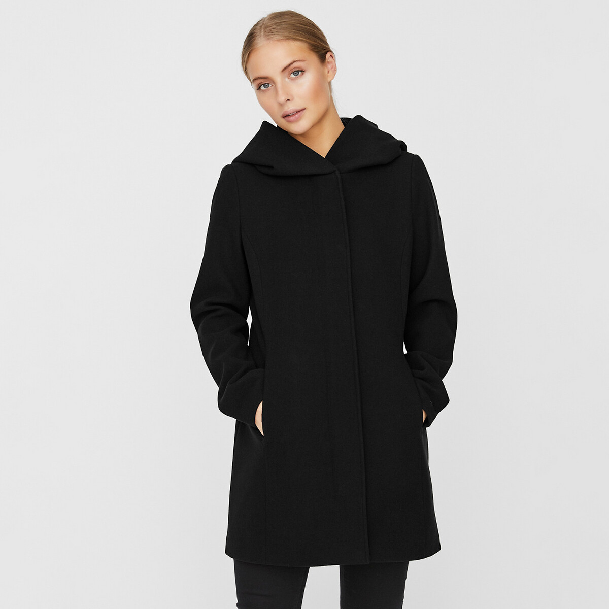 Пальто LaRedoute Средней длины с широким капюшоном XS черный, размер XS