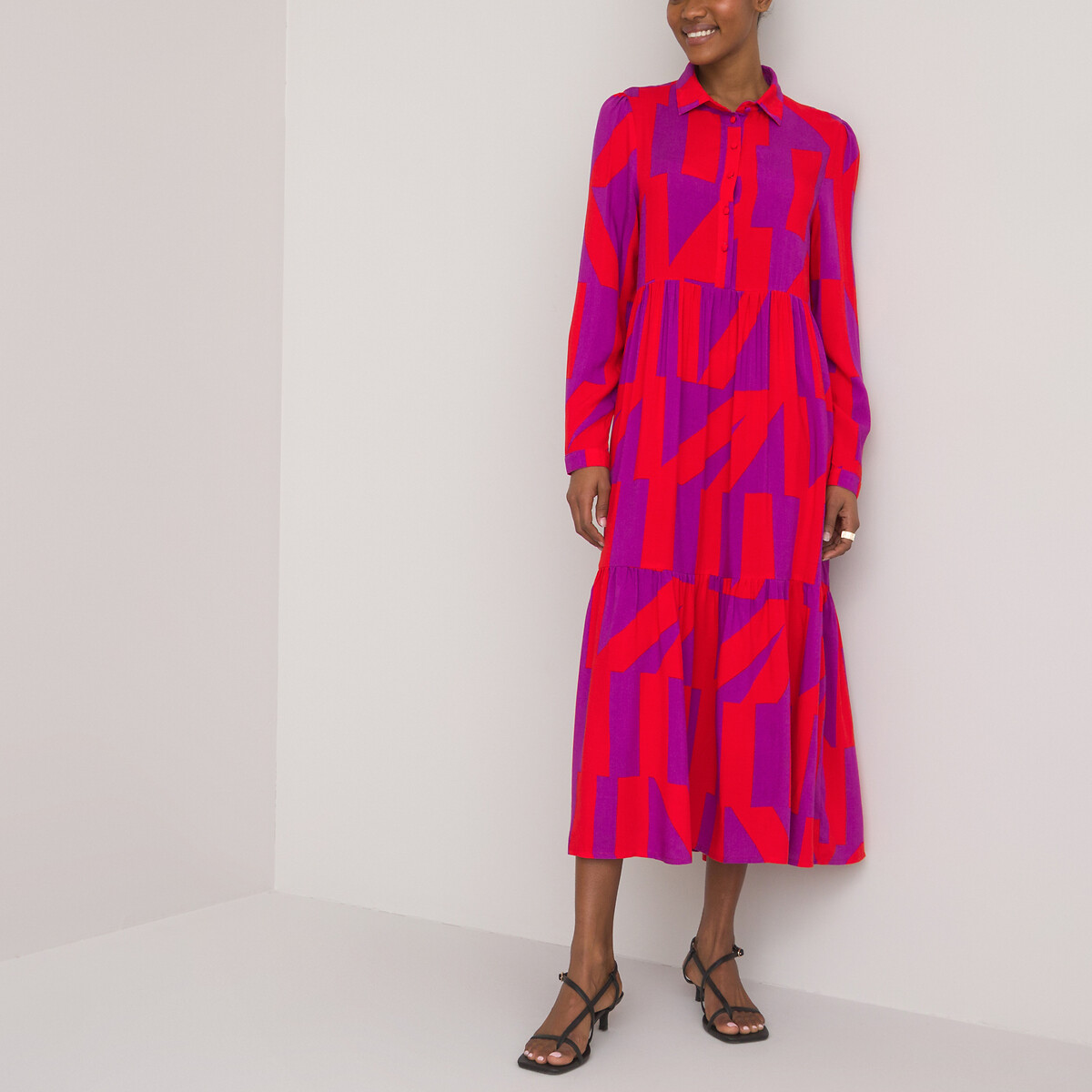 Платье LA REDOUTE COLLECTIONS Расклешенное длинное с графическим принтом 40 каштановый, размер 40 - фото 1