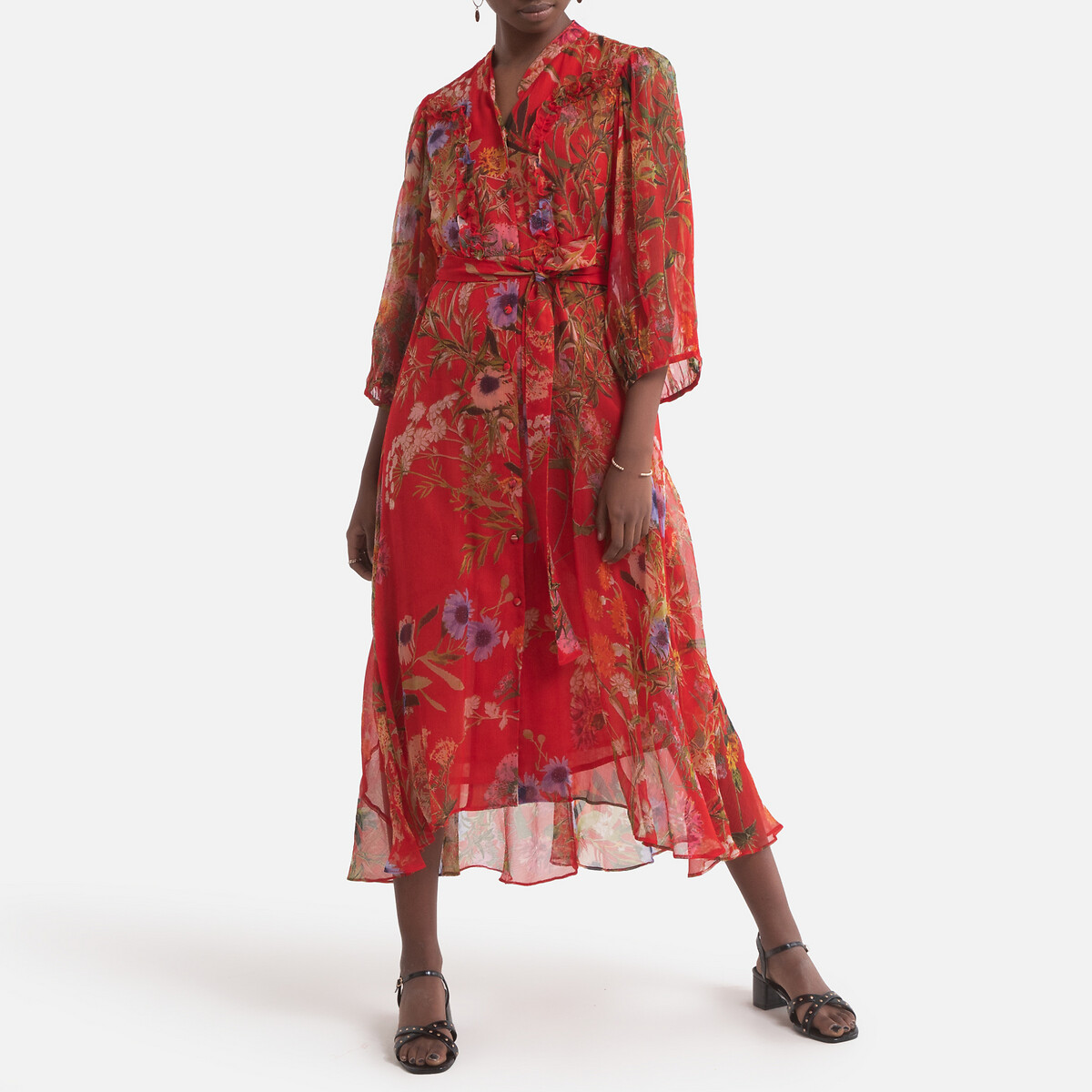 Платье LaRedoute Длинное SEVIGNE с рисунком длинные рукава L красный, размер L - фото 1