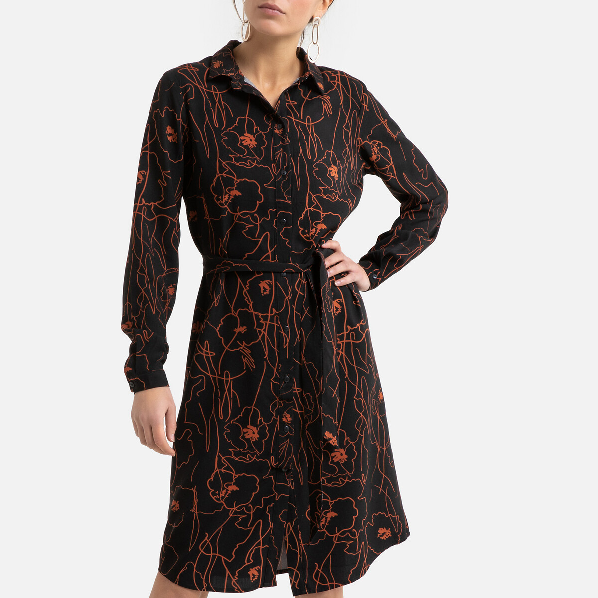 Платье-рубашка LaRedoute Длинное с графичным цветочным принтом 40 (FR) - 46 (RUS) черный, размер 40 (FR) - 46 (RUS) Длинное с графичным цветочным принтом 40 (FR) - 46 (RUS) черный - фото 1