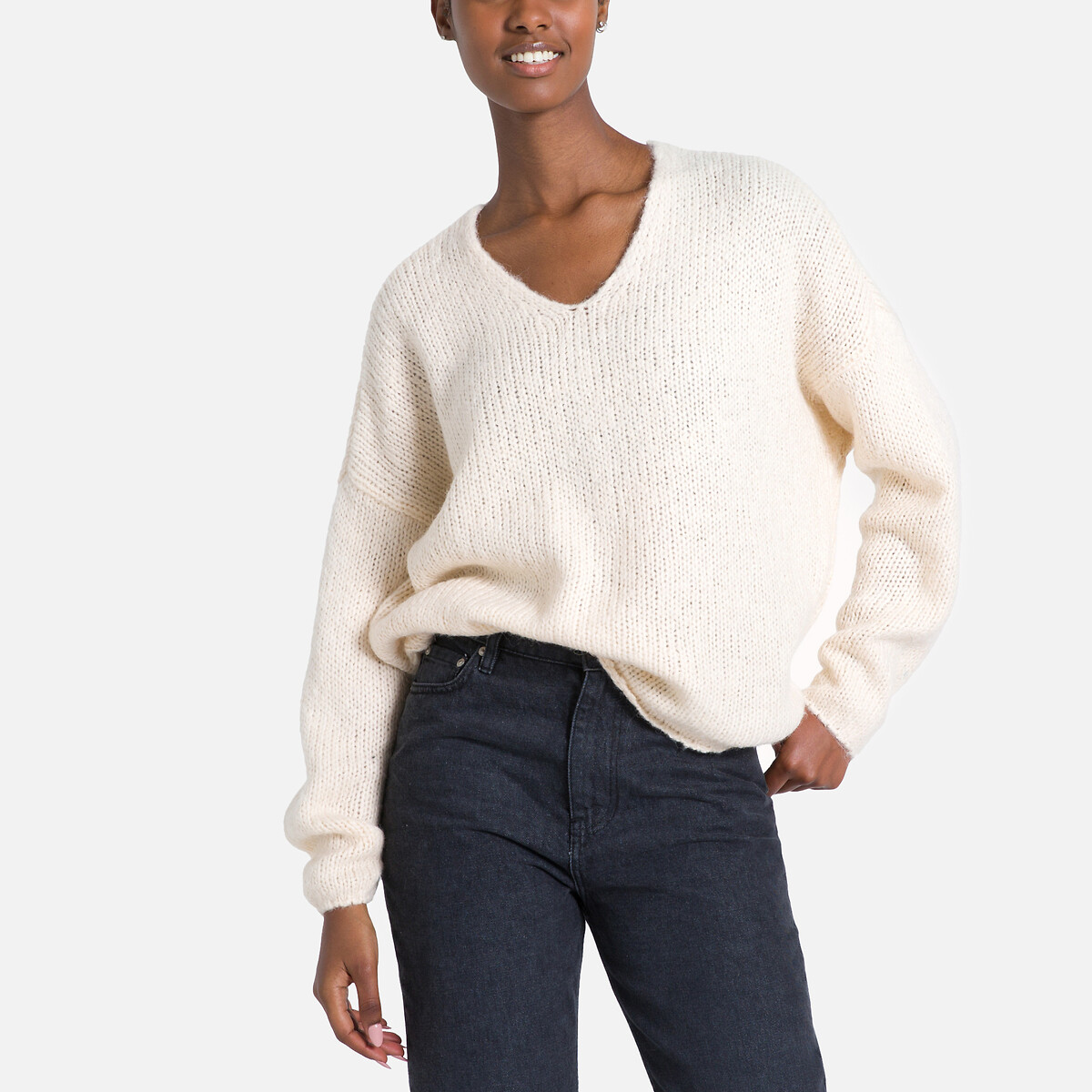 Пуловер с V-образным вырезом из тонкого трикотажа S бежевый пуловер с v образным вырезом из тонкого трикотажа xs розовый