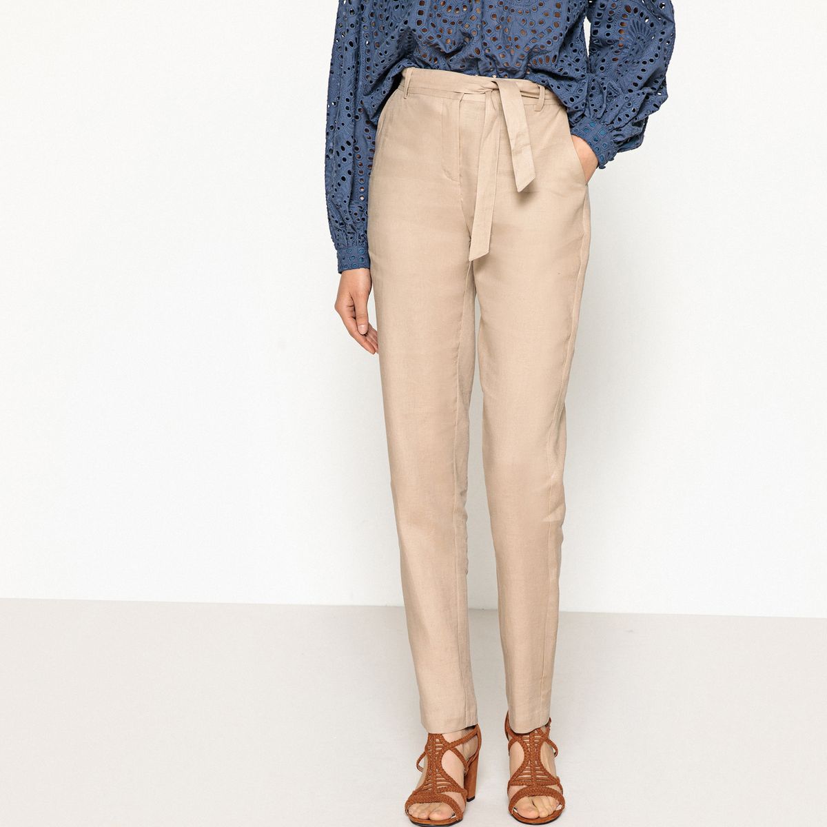 Pantalon droit taille haute pur lin