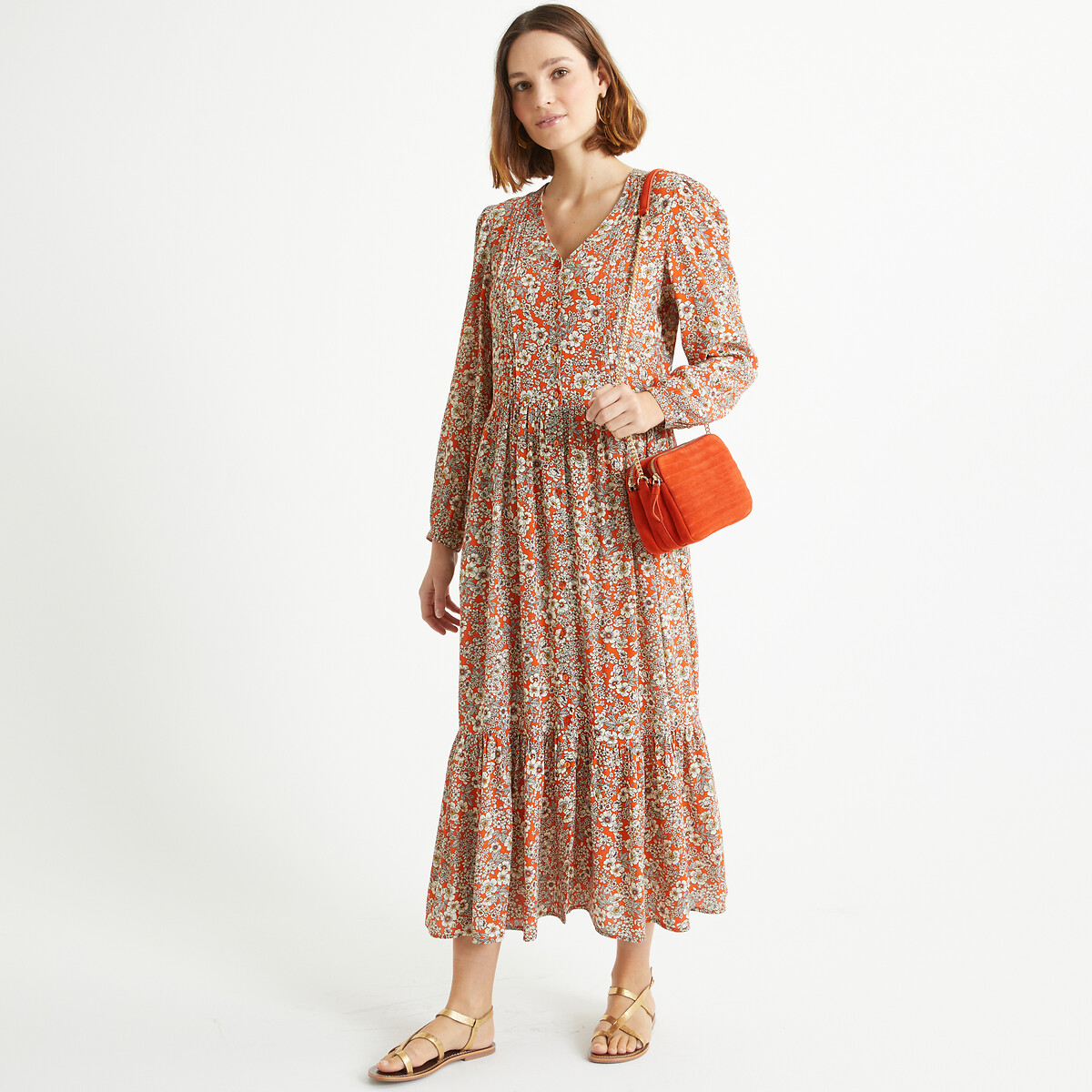 Платье длинное расклешенное с цветочным принтом 60 оранжевый