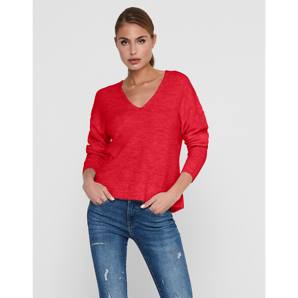 Пуловер С V-образным вырезом из пышного трикотажа S красный LaRedoute, размер S - фото 1