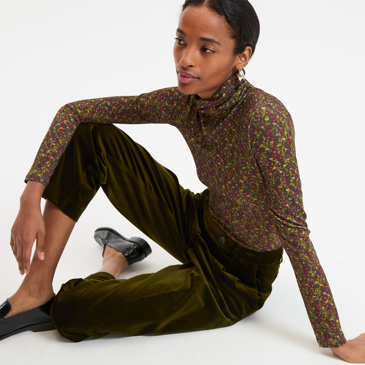 LA REDOUTE COLLECTIONS Футболка с цветочным рисунком рукав длинный горловина гольф XS зеленый