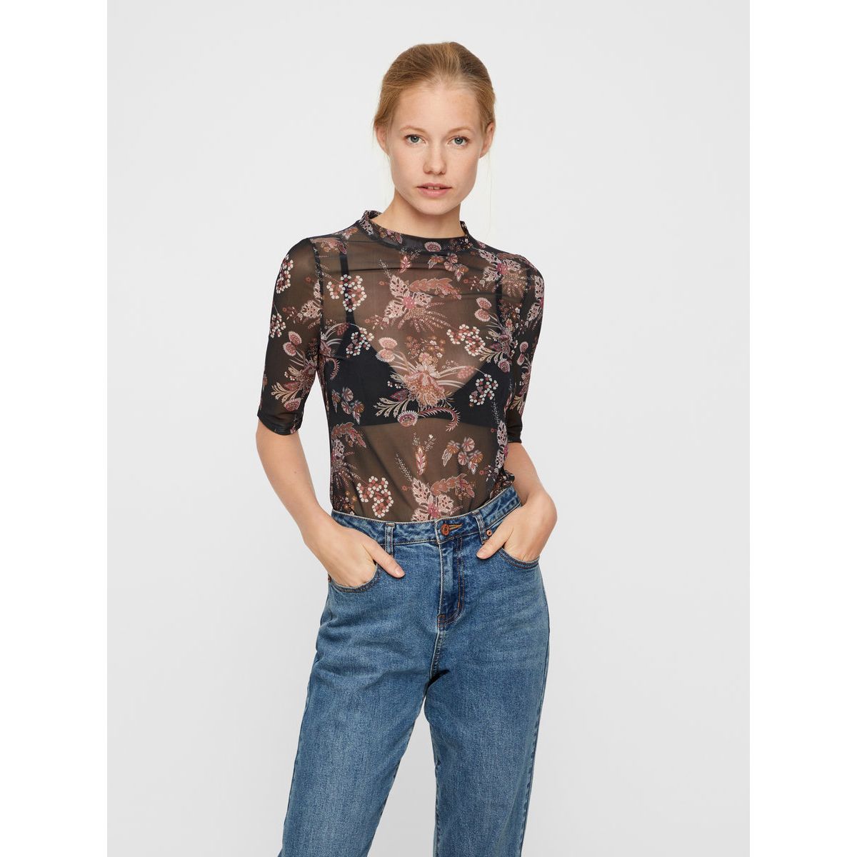 Top à manches courtes Transparente à fleurs