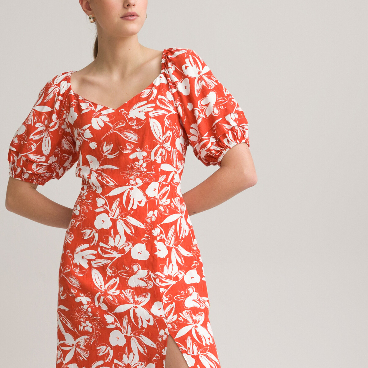 Длинное LA REDOUTE COLLECTIONS Платье с V-образным вырезом короткими рукавами и принтом 46 красный, размер 46 - фото 2
