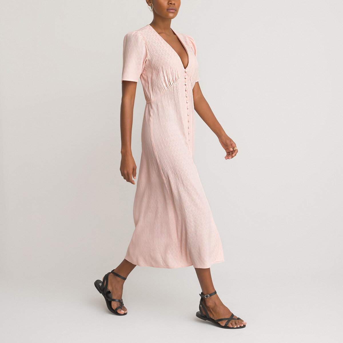 Платье-миди LA REDOUTE COLLECTIONS С V-образным вырезом и короткими рукавами 48 розовый, размер 48 - фото 2