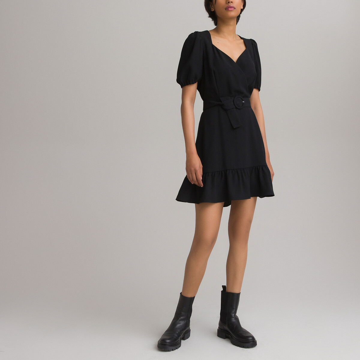 Платье LaRedoute Короткое с эффектом запаха и с короткими рукавами 48 черный, размер 48 - фото 2