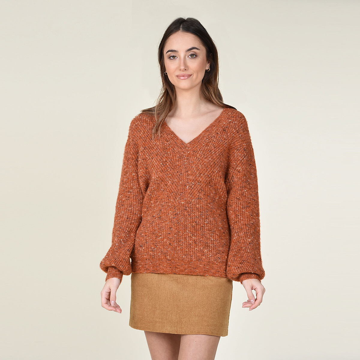 Пуловер Из трикотажа меланж V-образный вырез широкий покрой L оранжевый