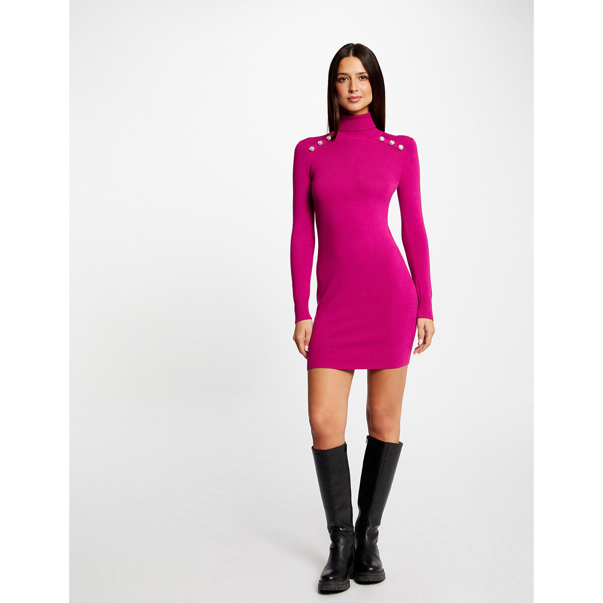 Платье-пуловер Приталенное с высоким воротником и пуговицами XS розовый LaRedoute, размер XS - фото 4