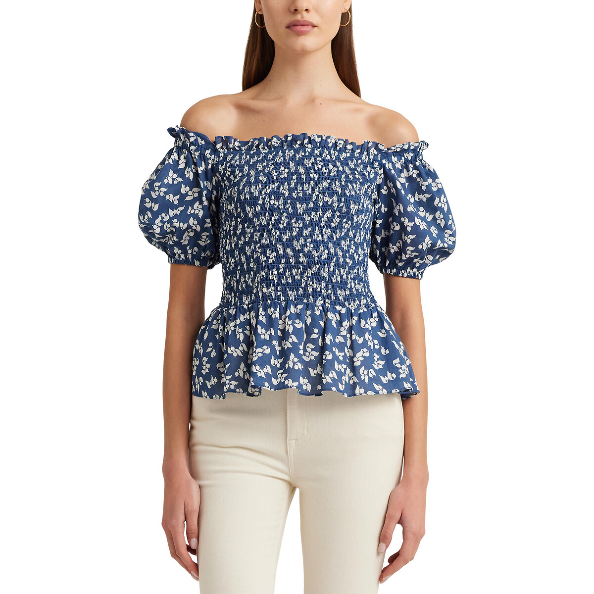 Блузка с принтом со складками и короткими рукавами BIERBRIN XL синий