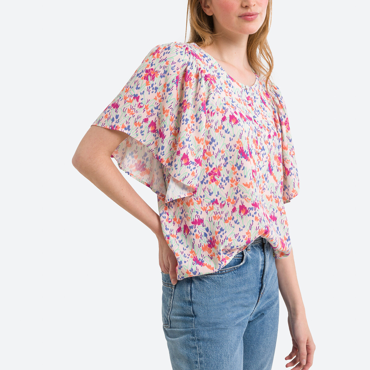 Блузка С круглым вырезом цветочным принтом и короткими рукавами 2(M) розовый