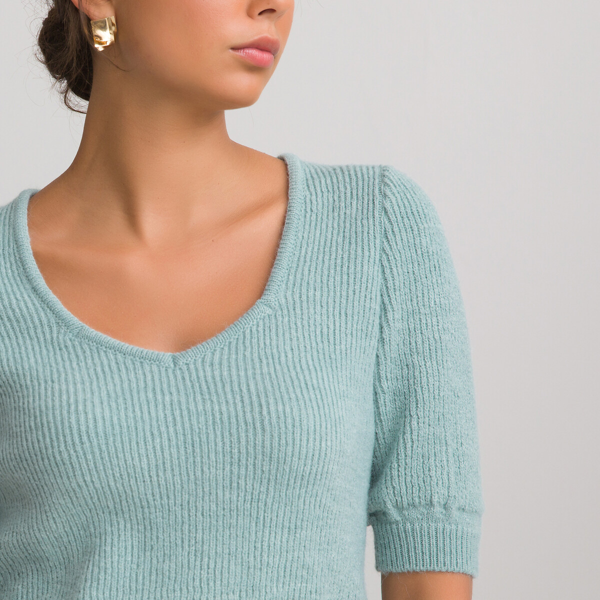 Пуловер LaRedoute С V-образным вырезом короткие рукава с напуском S зеленый, размер S - фото 3