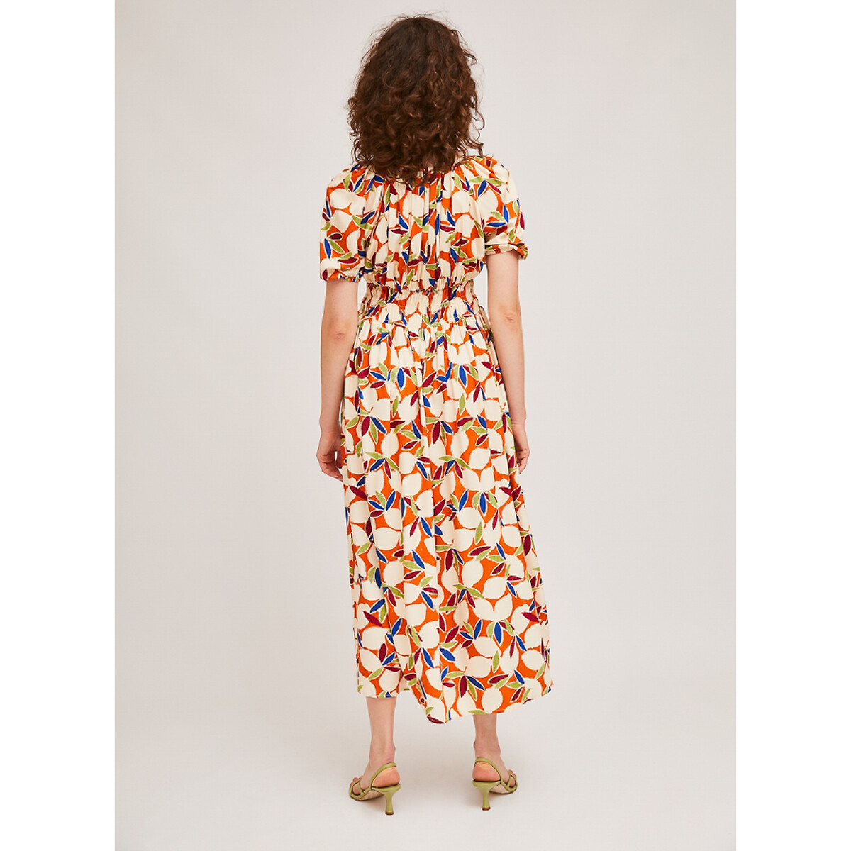 Платье-миди LaRedoute Расклешенное круглый вырез с принтом XS оранжевый, размер XS - фото 3
