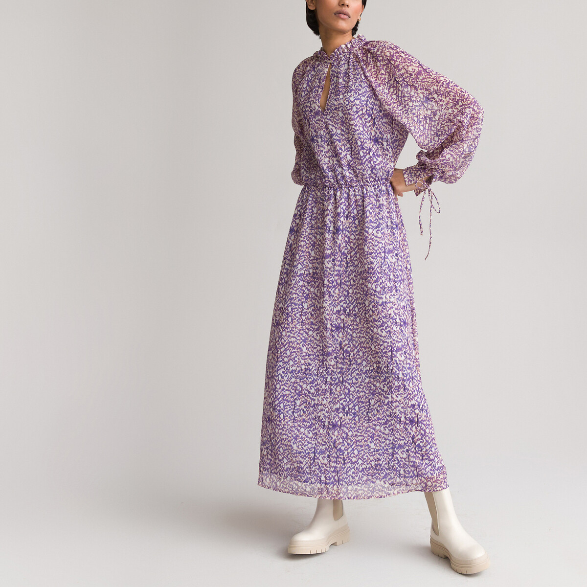 Платье Длинное с воротником-стойкой и напускными рукавами с принтом 40 фиолетовый