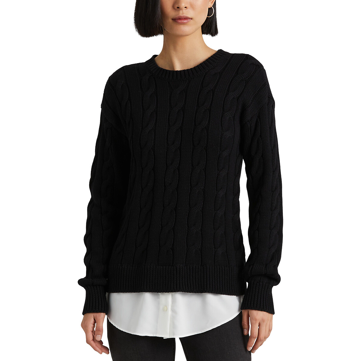 Пуловер с круглым вырезом из плетеного трикотажа S черный пуловер с круглым вырезом из трикотажа меланж с кашемиром l черный