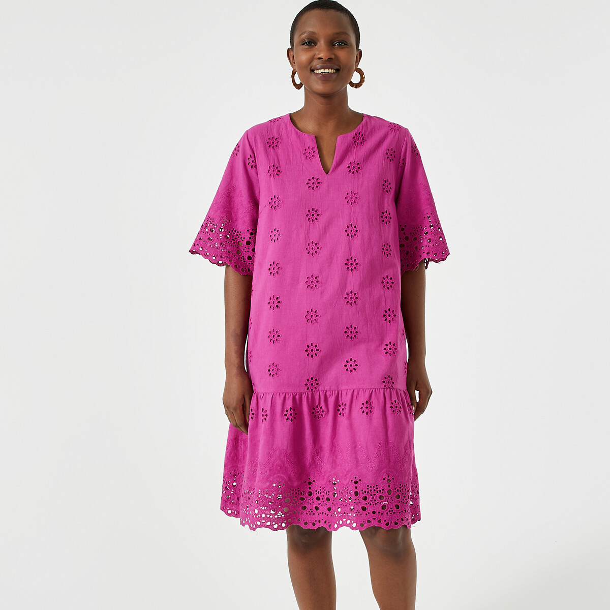 Платье-миди расклешенное с вышивкой короткими рукавами  50 розовый LaRedoute, размер 50 - фото 1