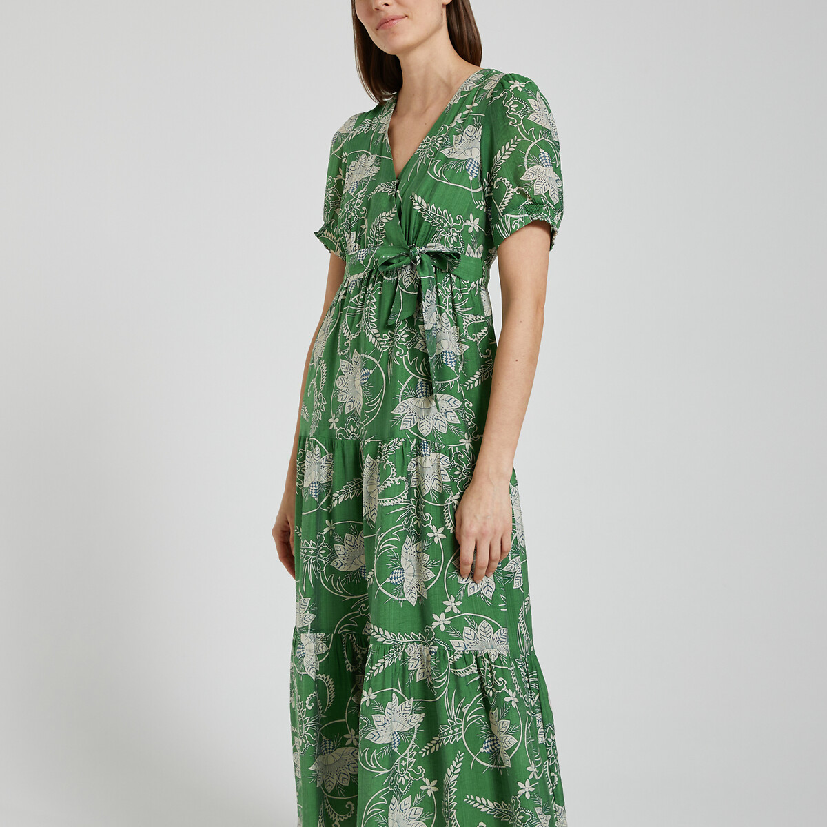 Платье длинное с принтом и вырезом с запахом  2(M) зеленый LaRedoute, размер 2(M)