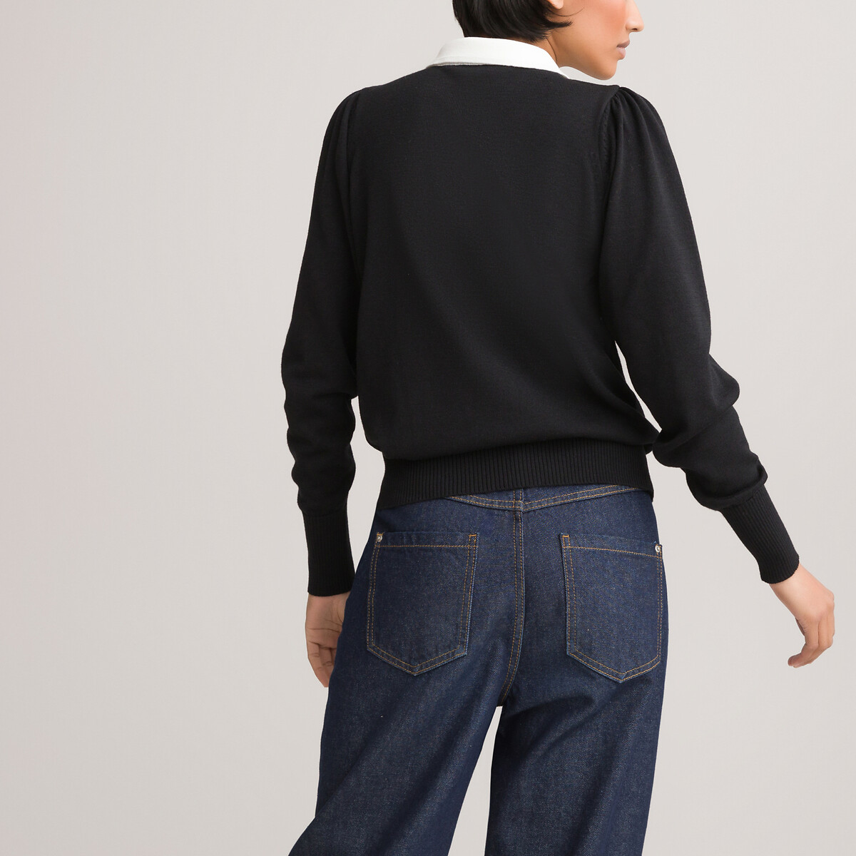 Пуловер LaRedoute С воротником-поло двухцветный декоративные пуговицы M черный, размер M - фото 4