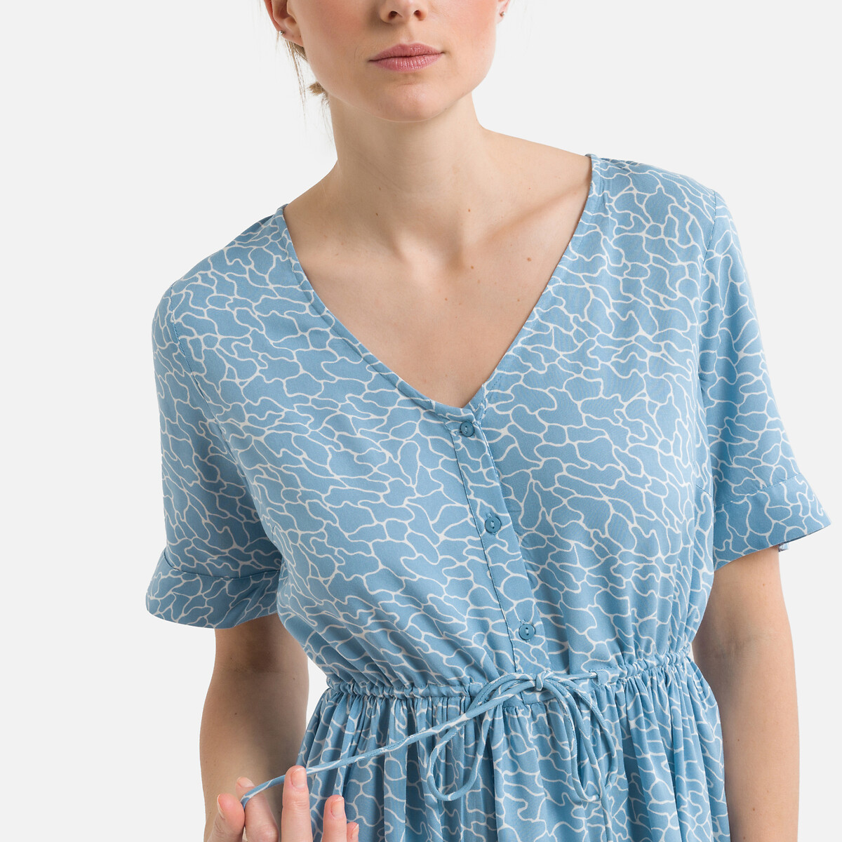 Платье PIECES С принтом короткое завязки на поясе L синий, размер L - фото 3