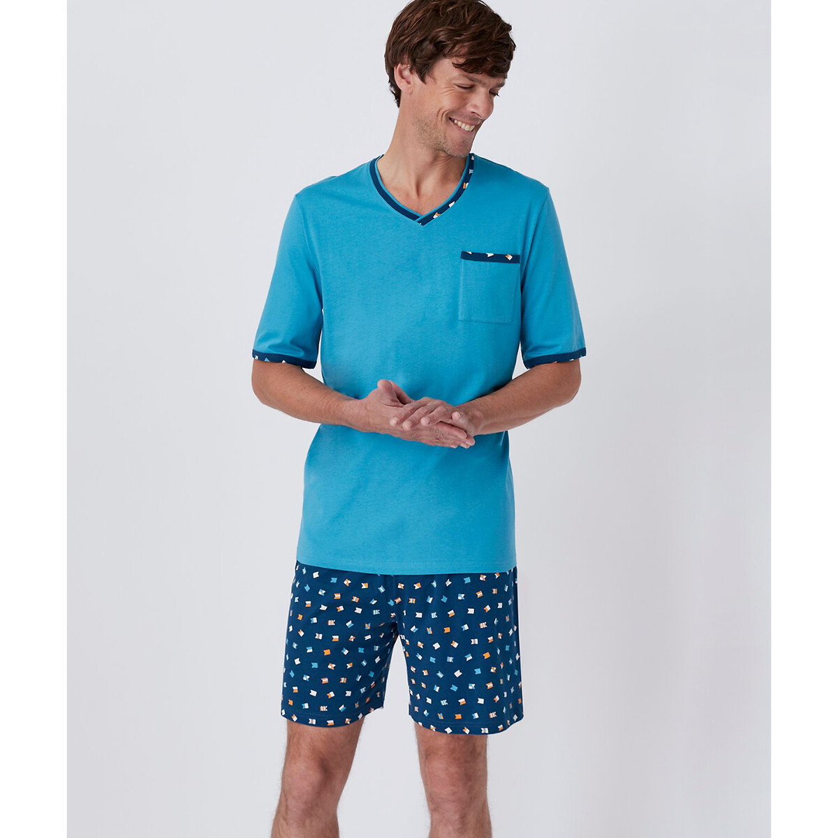 Пижама С шортами и V-образным вырезом с принтом L синий