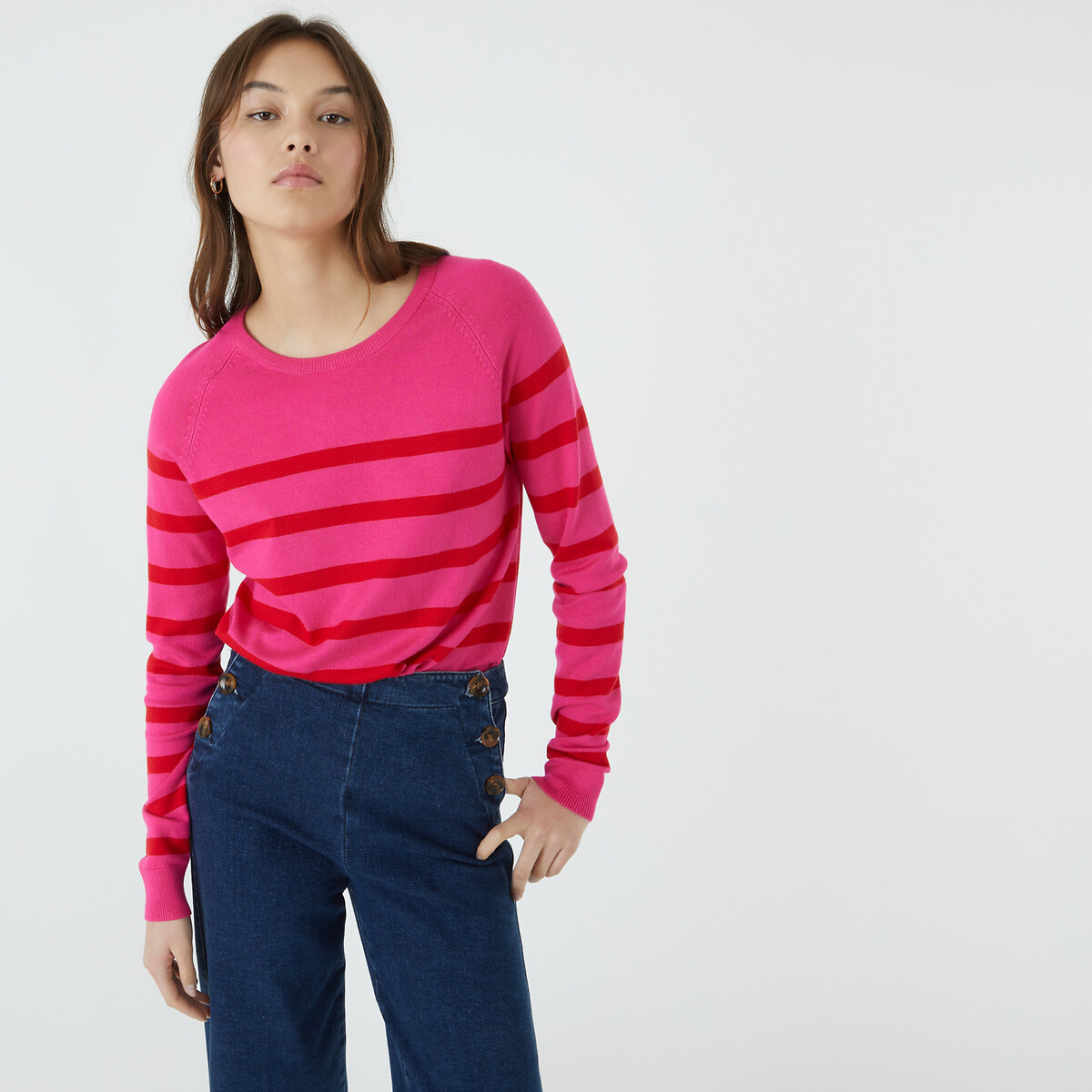 Пуловер базовый с круглым вырезом длинными рукавами принтом в полоску  M розовый LaRedoute, размер M - фото 1