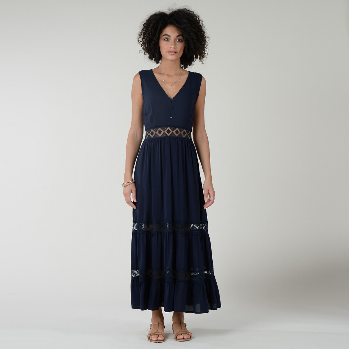 Платье LaRedoute Длинное V-образный вырез на пуговицах с ажурными деталями XS синий, размер XS - фото 1