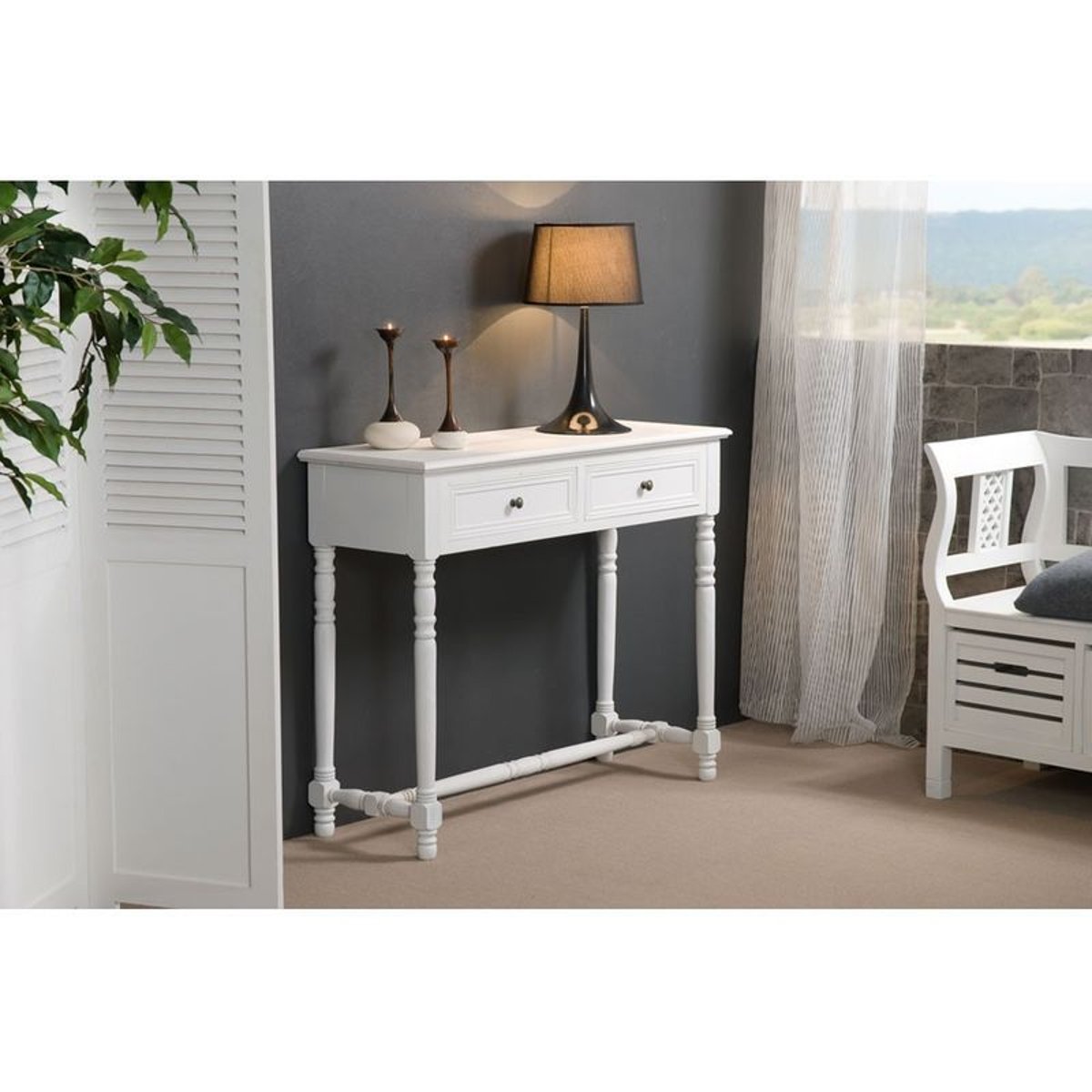 Console blanche romantique 2 tiroirs bois 104cm ELLA