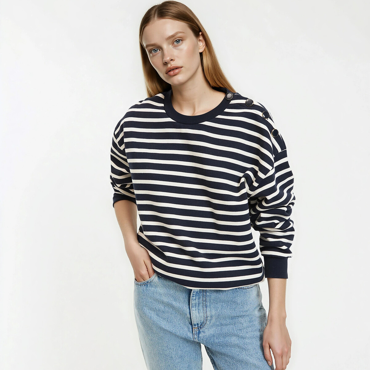 LA REDOUTE COLLECTIONS Толстовка в полоску круглый вырез застежка на пуговицы па плече L синий