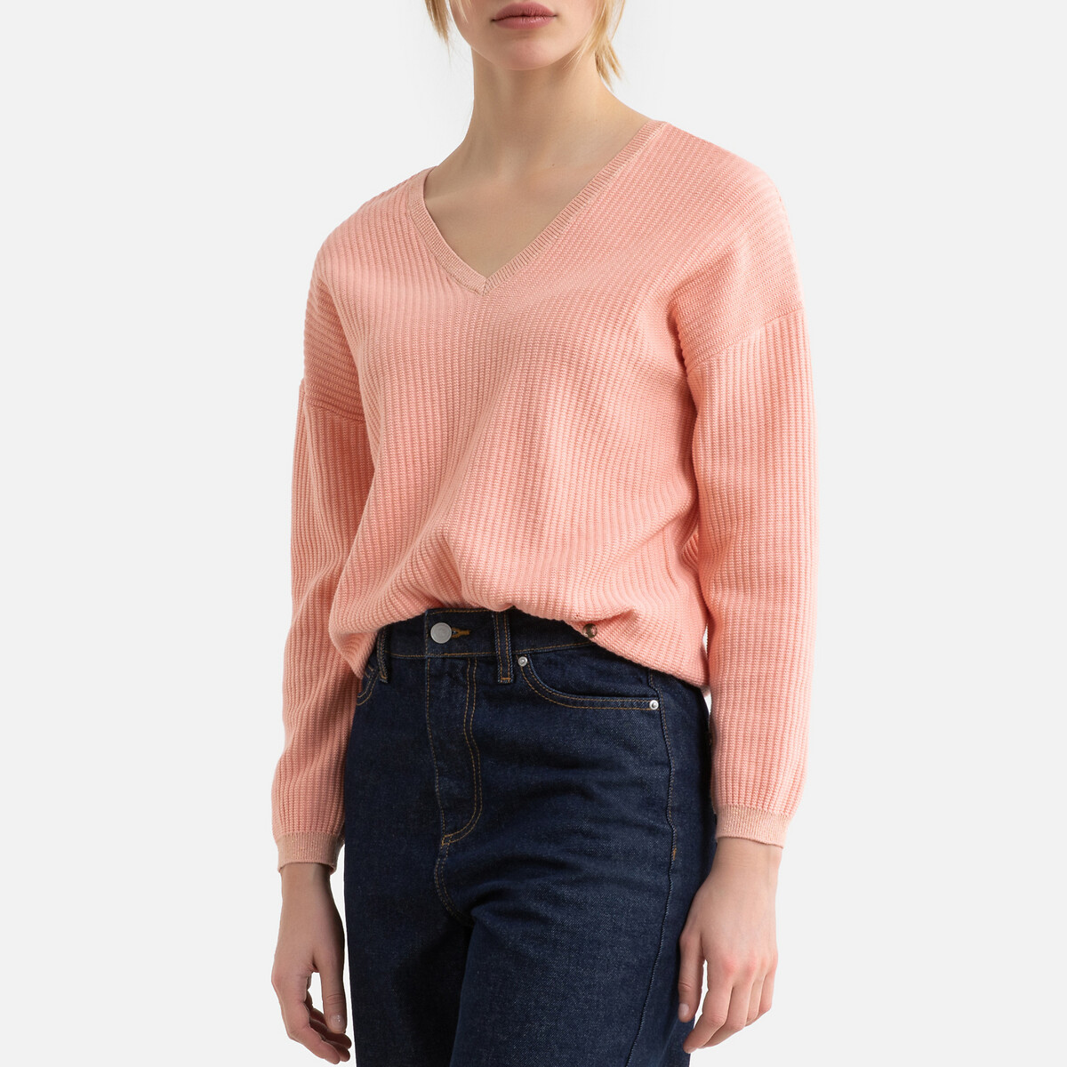 Пуловер LaRedoute С V-образным вырезом из тонкого рифленого трикотажа L розовый, размер L - фото 1
