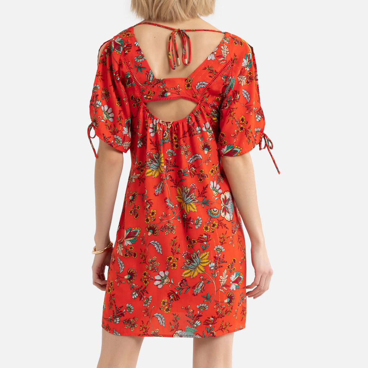 Платье LaRedoute С цветочным принтом квадратный вырез открытая спинка с завязками L красный, размер L - фото 4