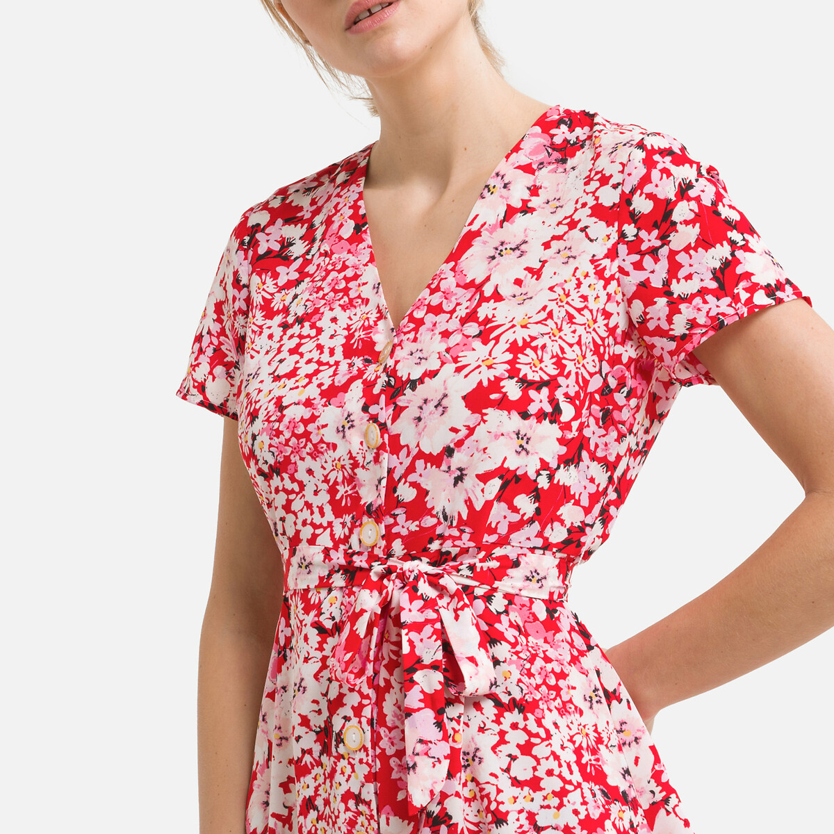 Платье ONLY С цветочным принтом короткое V-образный принт M красный, размер M - фото 3